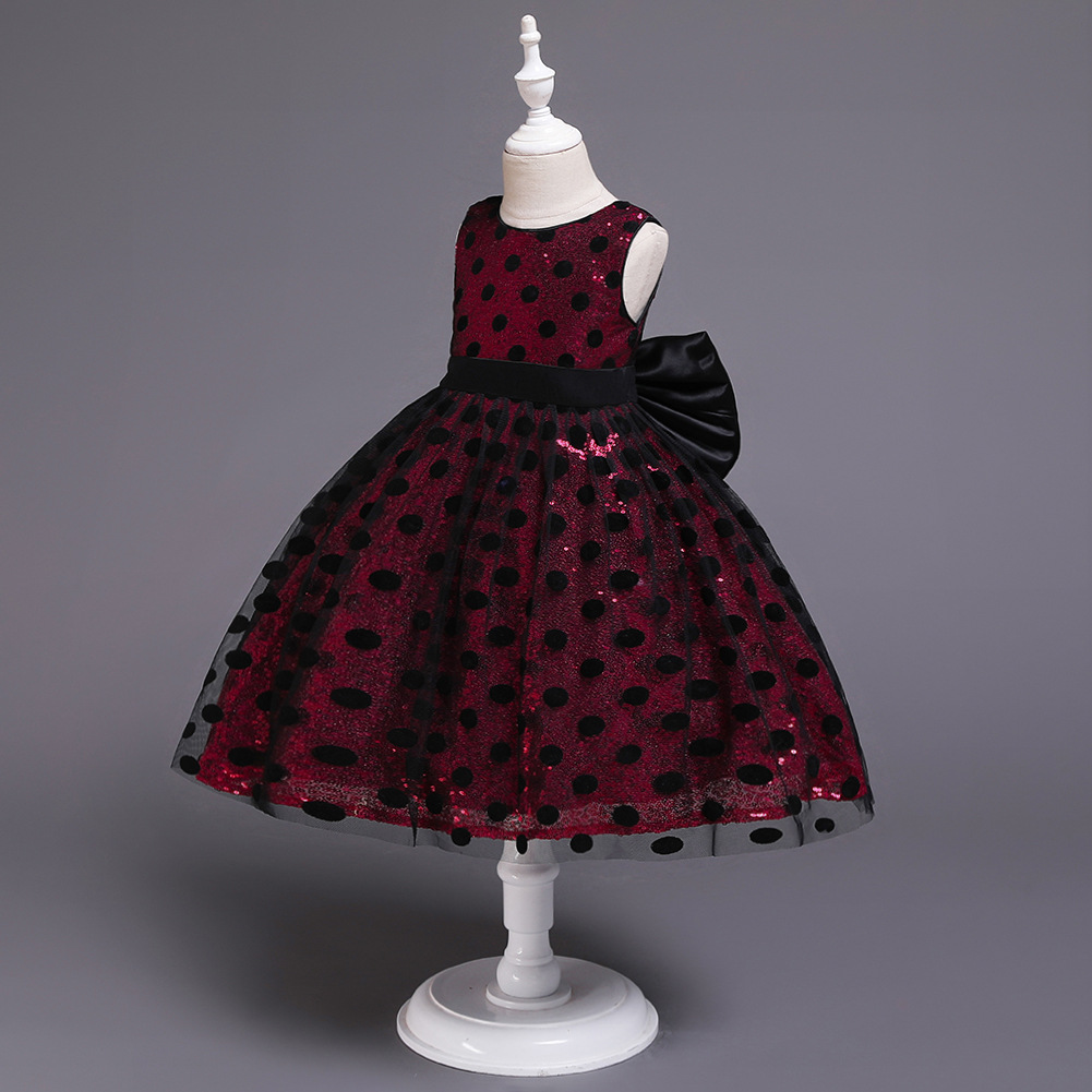 跨境儿童亮片礼服女童新款波点连衣裙大蝴蝶结公主蓬蓬裙一件代发