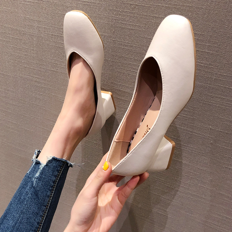网红仙女单鞋2019春夏新款韩版百搭粗跟方头懒人时尚学生小皮鞋女