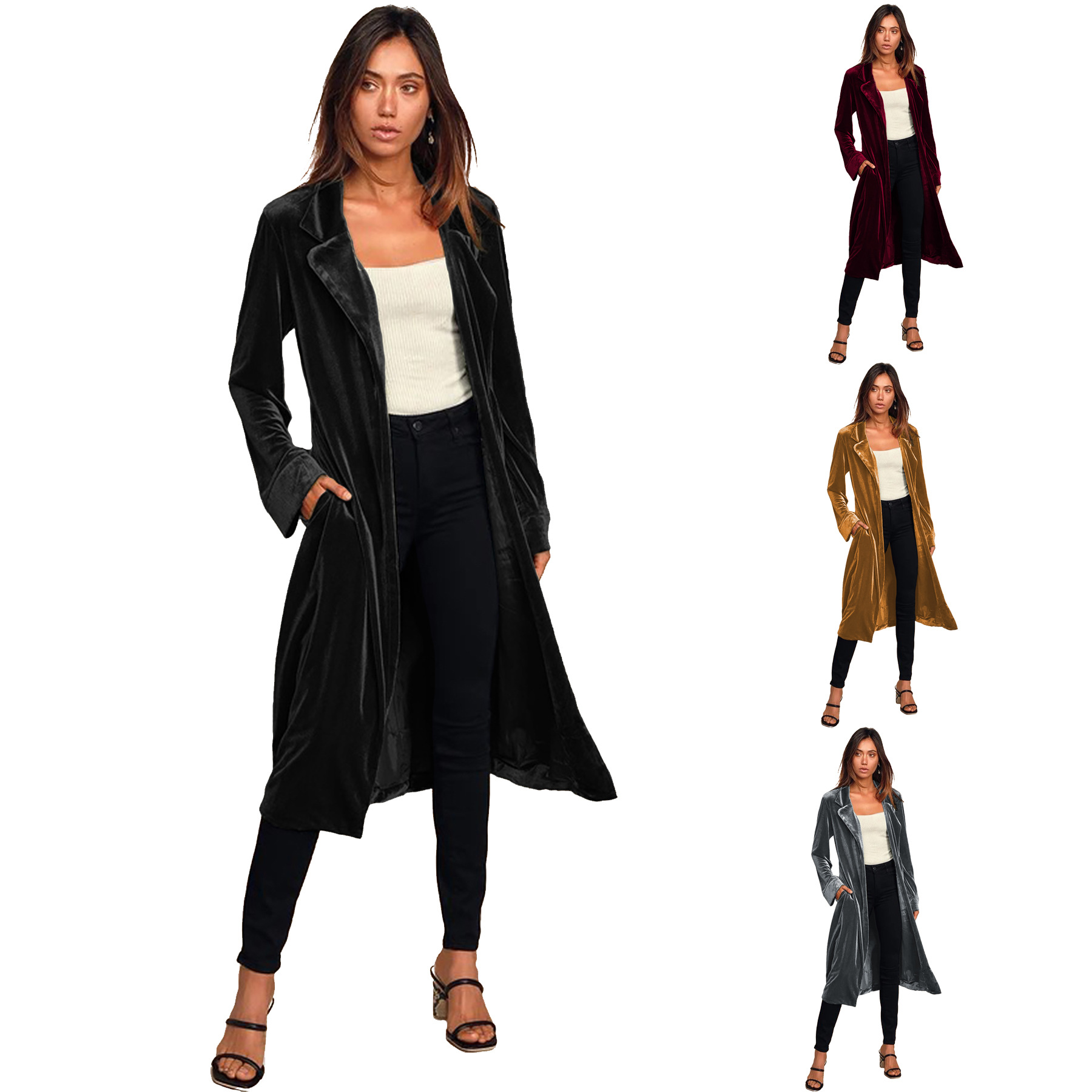 Cross-Border women's autumn new casual coat coat ebay Amazon explosions European and American gold velvet long trench coat