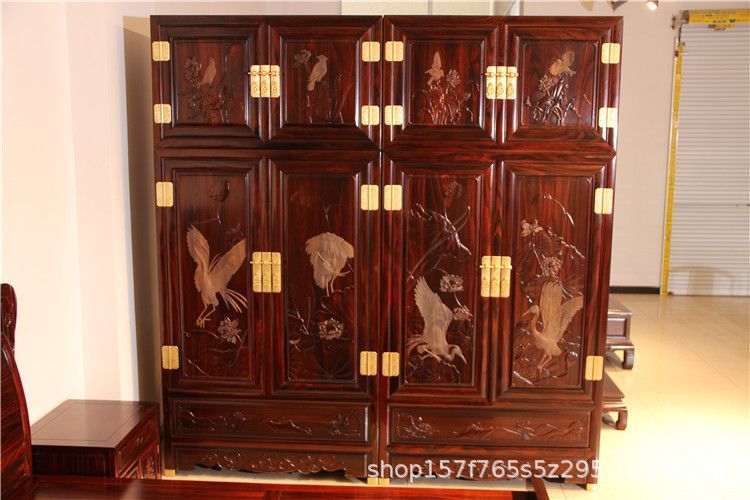 红木家具印尼黑酸枝木顶箱柜阔叶黄檀影雕花鸟大衣柜组合