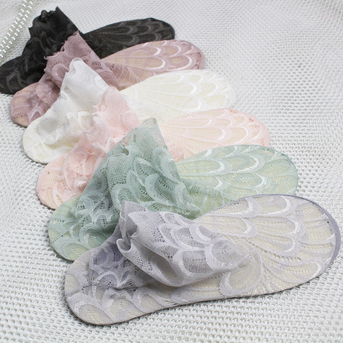 Summer shallow mouth low-top lace socks for women, Japanese-style floral edge short socks, grid breathable boat socks for women, pure cotton bottom, anti-slip
