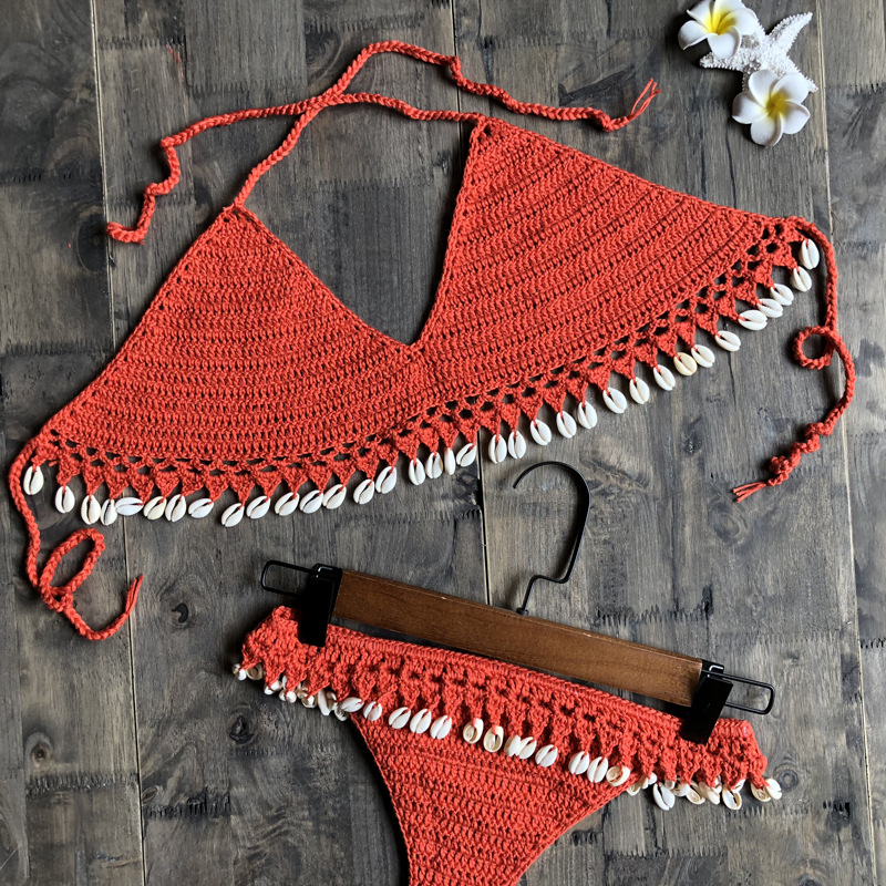 Hand Crochet Cotton Tassel Lace-Up Split Bikini 2 Piece Set NSYZT111522