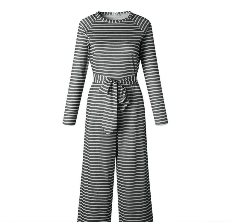 Slim Lace-up Striped Round Neck Jumpsuit nihaostyles clothing wholesale NSLBS81495