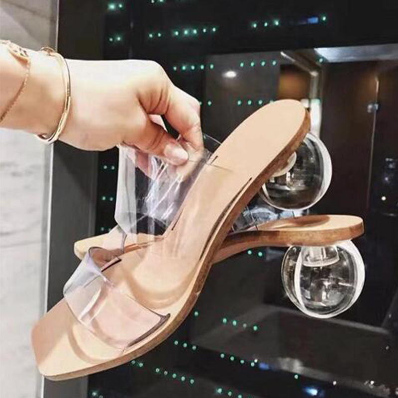 工厂直供外贸透明PVC拖鞋球型水晶跟简约一字时尚女士凉拖43码