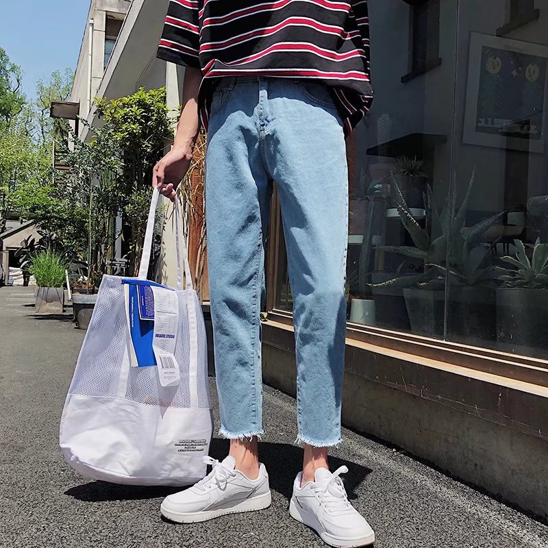 Harajuku bf style jeans men's fashion brand frayed ankle-length pants summer Korean style fashionable student loose straight skinny pants Harajuku bf style jeans men's fashion brand frayed ankle-length pants summer Korean style fashionable student loose straight skinny pants