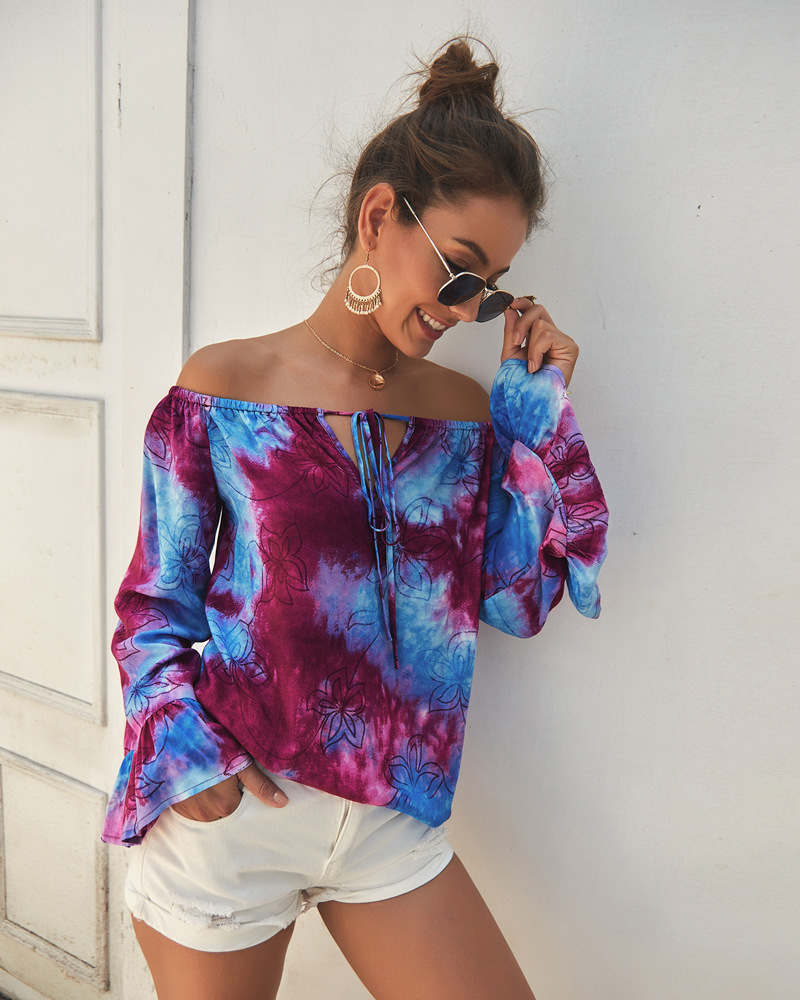 print one-word shoulder long sleeve loose lace-up top NSLGY125105