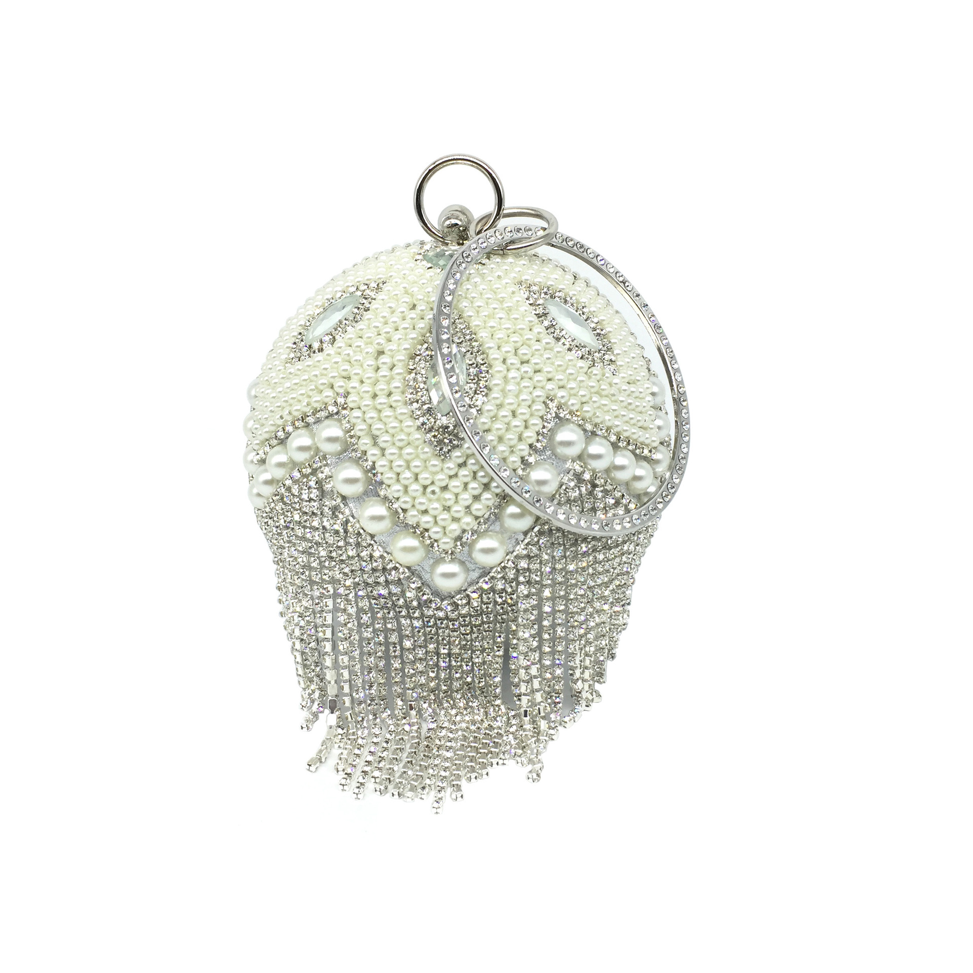 Gold Silver Rhinestone Solid Color Tassel Pearl Round Evening Bags display picture 4