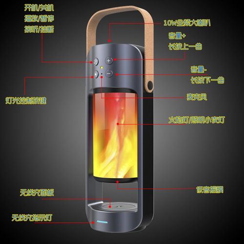 Manufacturer wholesale flame lamp wireless charging bluetooth speaker multi-functional all-in-one outdoor emergency light with power bank function
