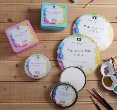 遵爵丟勒水彩本 圓形鐵盒裝水彩顏料紙 明信片繪畫便攜水彩紙300g