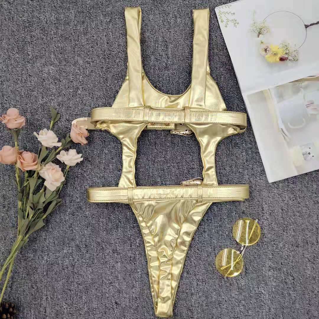 Traje de baño de cuero bronceado con cinturón doble para mujer Bikini de una pieza de color sólido sexy NSZO1356