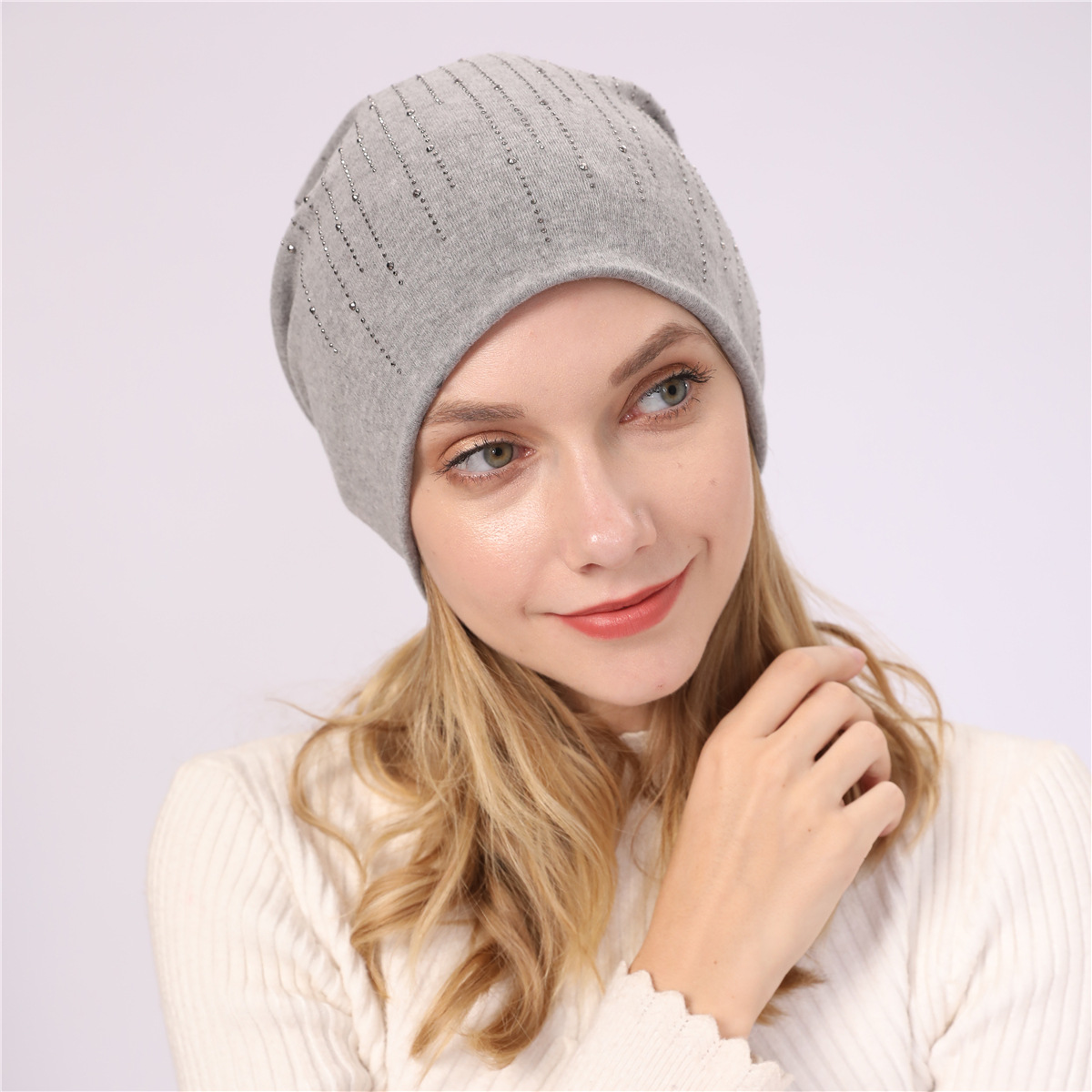 M965 nouveau automne/hiver Couple pull Double couche Imitation cachemire chaud diamant coton tissu chaud clair de lune chapeau_voghion.com