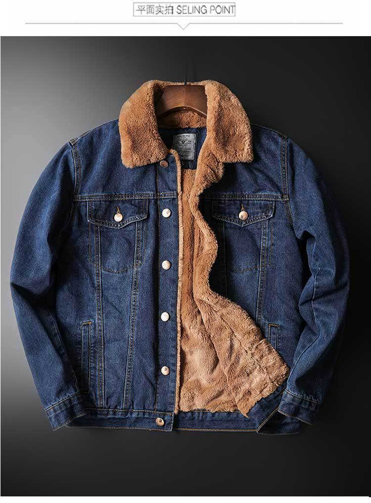 Men's Washed Denim winter Warm Fur lining casual Jean jacket Coat
