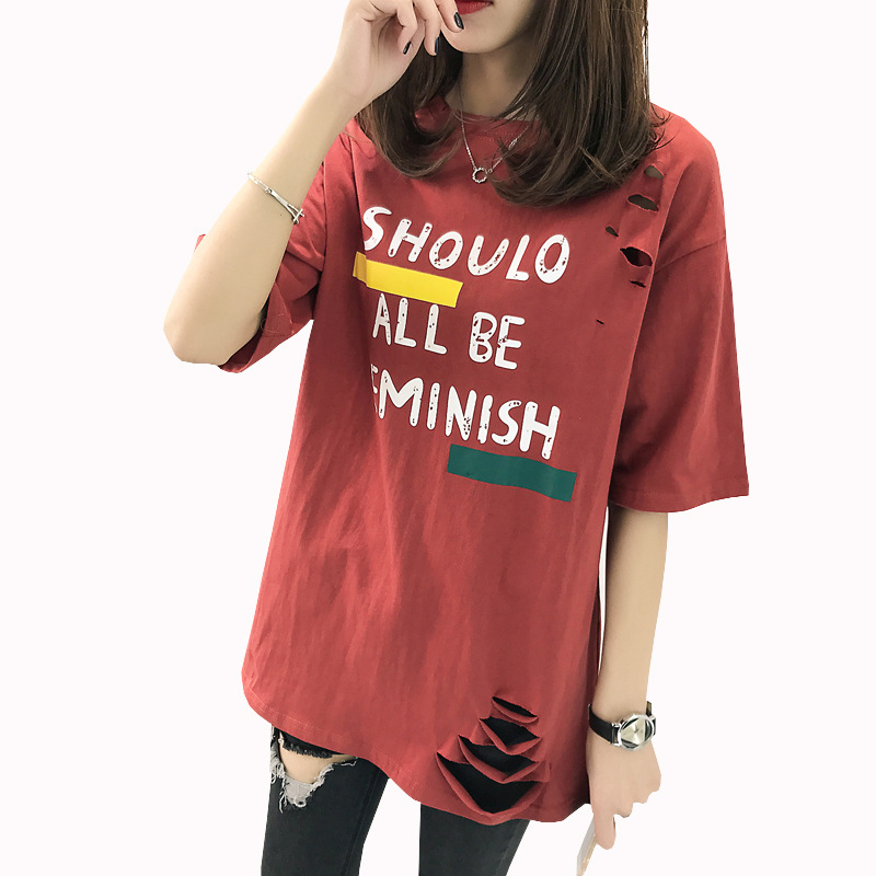 (不起球)2019夏装女装宽松中长款短袖t恤破洞上衣胖MM加大码|ru