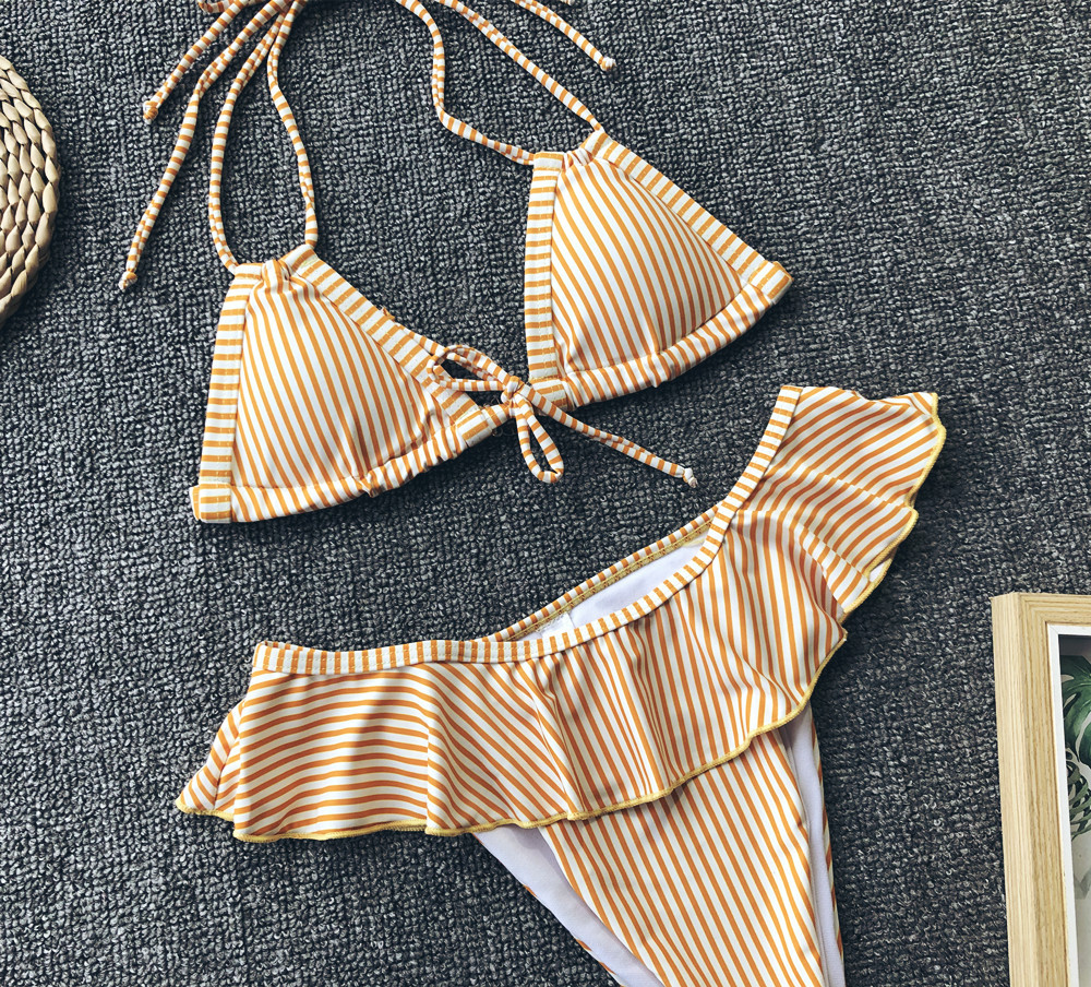 Sweet Simple Yellow Striped Bikini Ruffled Ladies Swimsuit Bikini Wholesale NSDA147