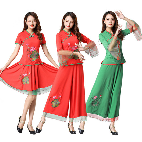 Women Chinese folk dance costumes yangko umbrella fan dance dresses square dance suit for female