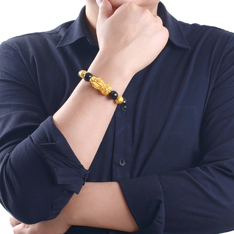Men's domineering Pixiu bracelet gold-plated jewelry Vietnamese sand gold tattoo beaded obsidian bracelet lucky
