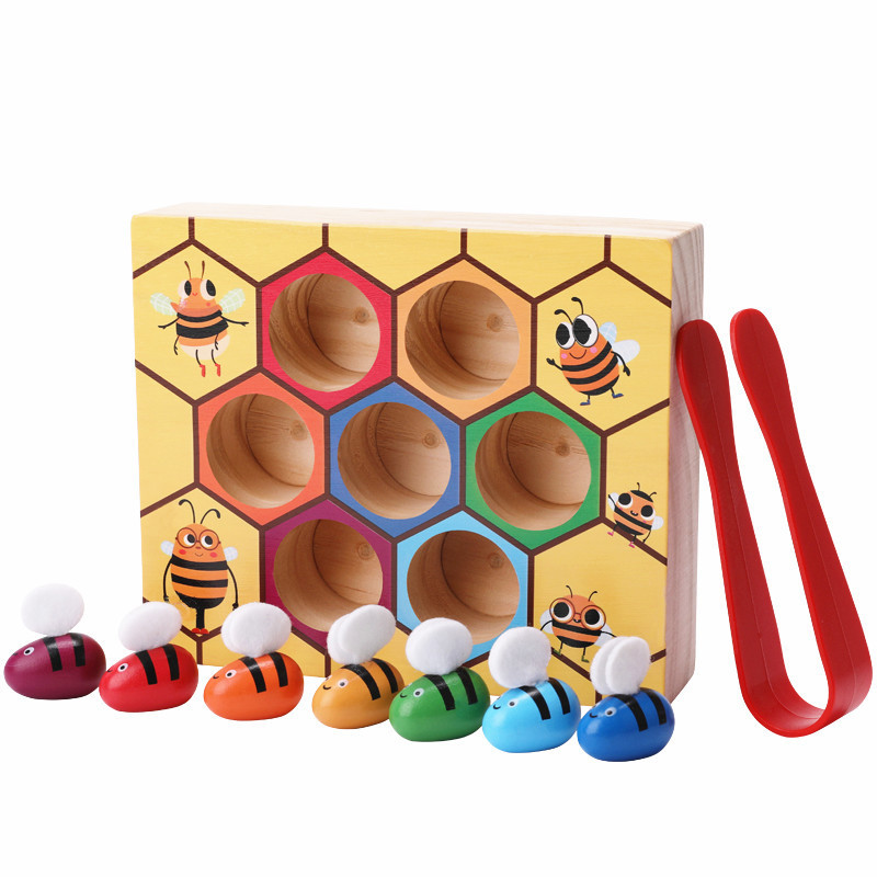 Ilustración rompecabezas color cognición Montessori Educación Temprana de madera captura insectos juego clip abeja colmena juguete al por mayor