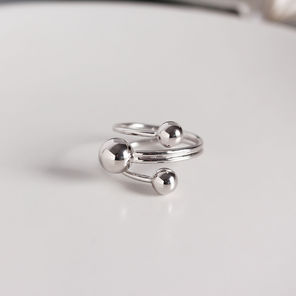 Korean S925 Sterling Silver Minimalist Geometric Light Bead Three Round Bead Line Open Ring display picture 2