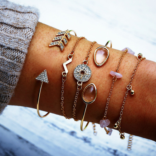 F1764 Cross-border Fashion Jewelry from Europe and America New Compass Agate V-shaped Bracelet and Necklace Set of Six