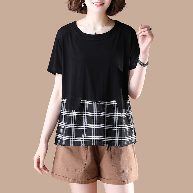 checked blouse round collar summer new loose stitching T-shirt 