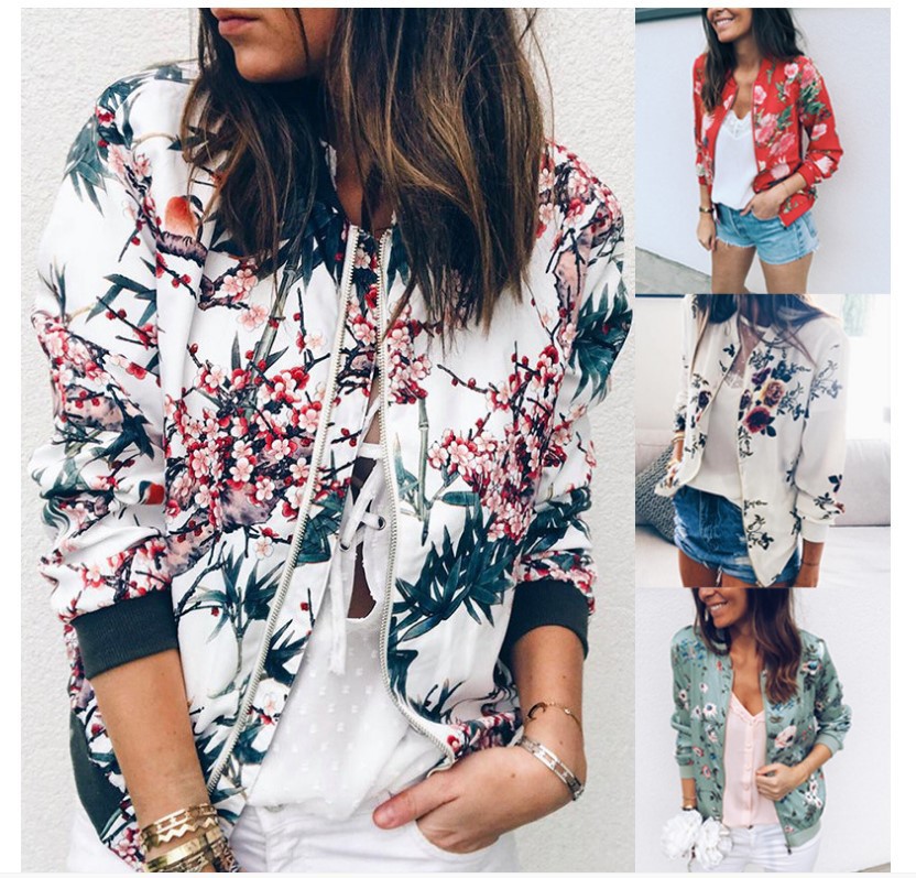 Autumn and Winter Fashion Female Printed Round Neck Zipper Long Sleeve Coat