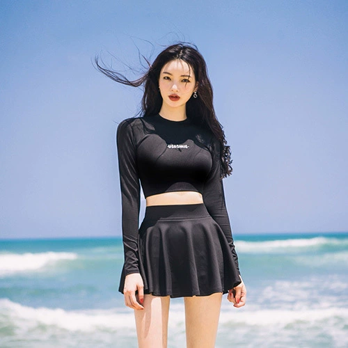 Swimwear, split long-sleeve, 2019, sun protection, high waist, fitted, slim fit
