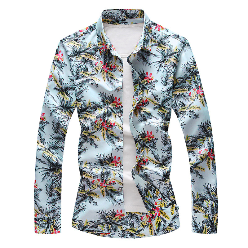 Autumn New Large Size Men's Printed Long-sleeved Shirt Men's British Style Slim-fit Pointed Collar Long-sleeved Shirt