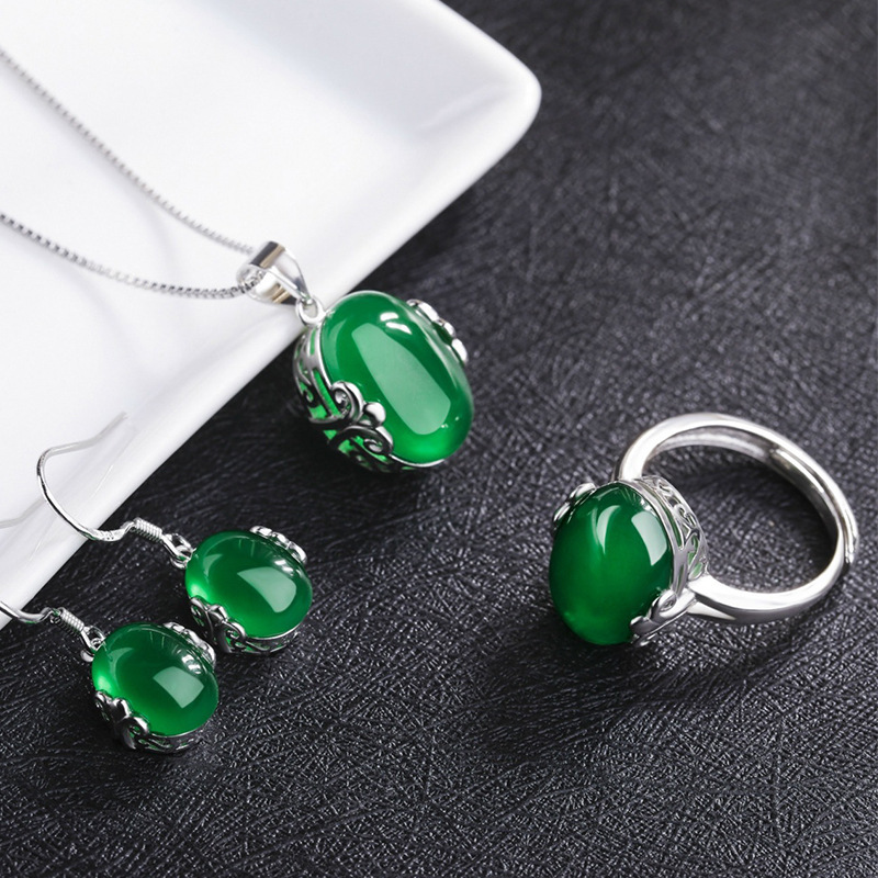 Chrysoprase Jewelry Set Retro Carved Colorful Treasure Ring Pendant Ear Hook Three-piece Set
