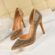 188-2 Slender, High-heeled Side Hollow Suede, Shallow Point Metal Sequined Single Shoes in European and American Fashion Sexy Night Clubs