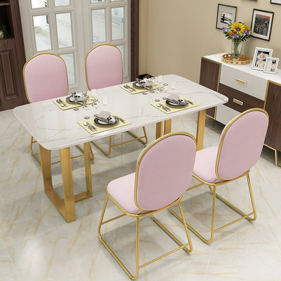 北欧大理石餐桌椅组合现代小户型金色桌子简约家用长方形吃饭桌椅