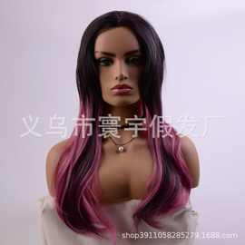 亚马逊假发欧美女士长卷发黑色渐变紫红色染色中分大波浪卷假发套
