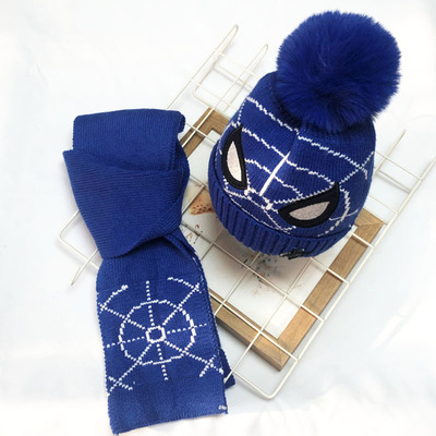 新款蜘蛛俠帽子圍巾二件套頭帽夾棉內襯舒適保暖吸汗寶寶護耳帽