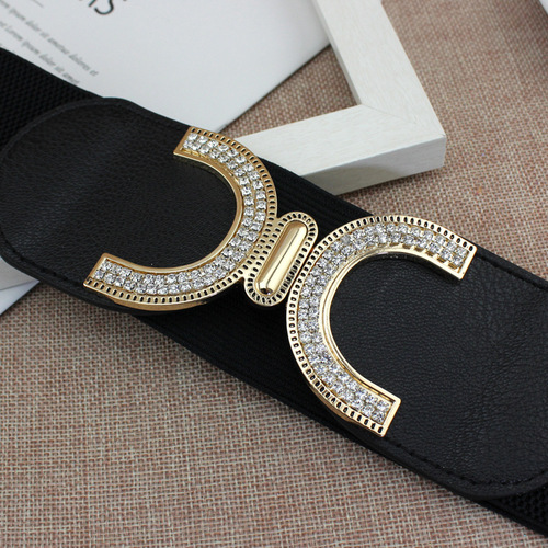 Women's rhinestone inlaid elastic elastic waistband sweet double C buckle dress slim waist wide belt one piece drop shipping