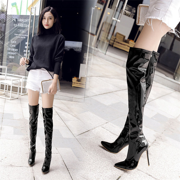 Autumn and winter side zipper size women’s boots Knight’s thin high heel leg elastic leather over knee