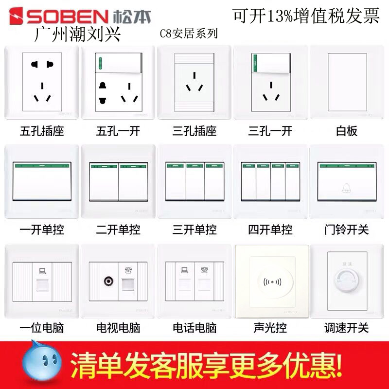 松本SOBEN二三插C8系列10A墙壁五孔插座面板C8/10USL开关家装全套