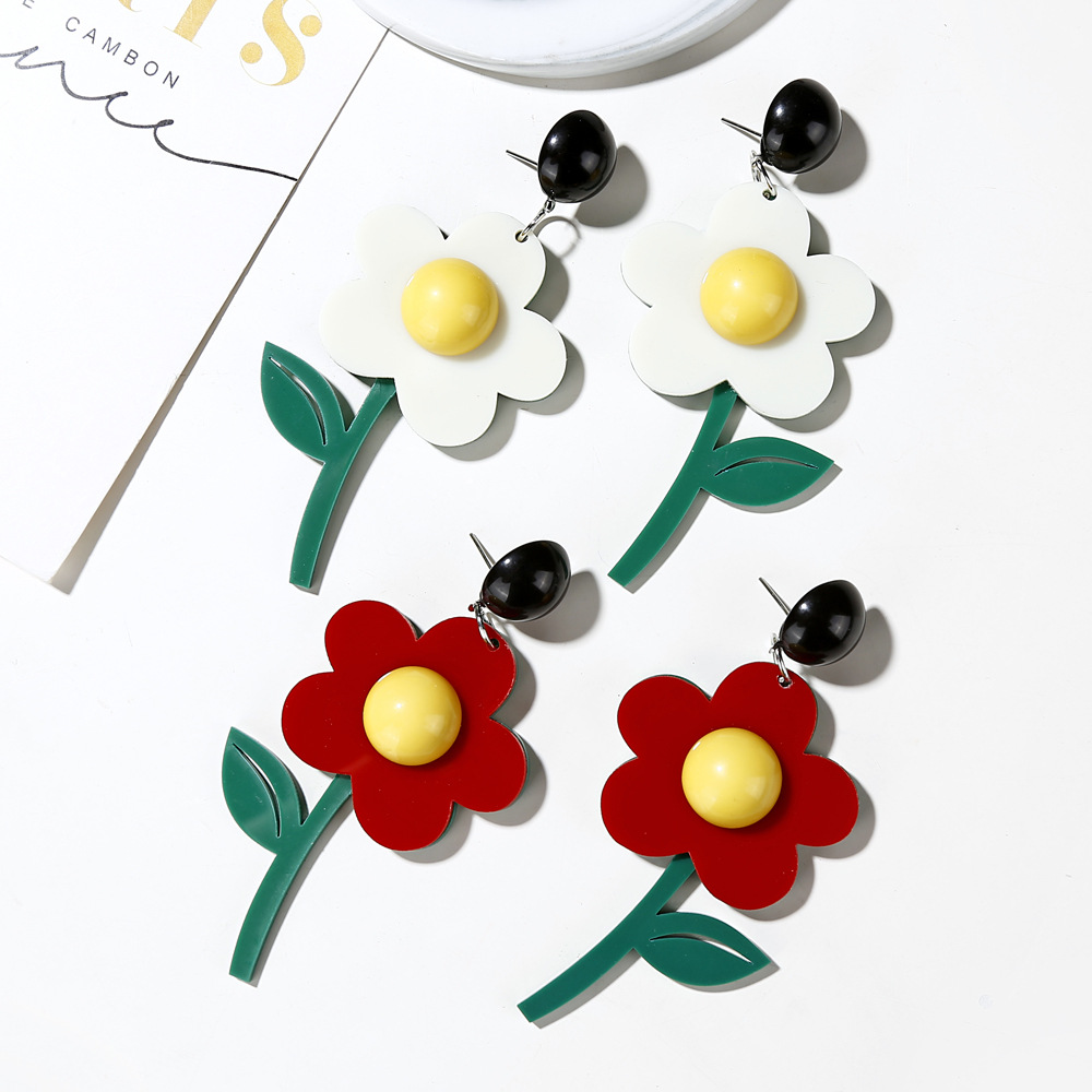 New Korea Flower Earrings Lovely Green Leaf Flower Contrast Color Acrylic Earrings Long Earrings Women display picture 2