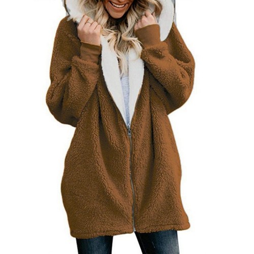 Cross-border European and American lambswool hooded mid-length sweatshirt for women 2022 autumn and winter new plush plush jacket for women