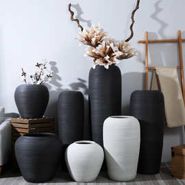 现代简约北欧落地黑白色大花瓶客厅插花新中式陶罐组合样板房摆件