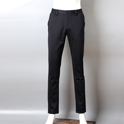 2019休閑褲修身小腳松緊褲天絲棉男士針織褲黑色時尚男褲子1V077