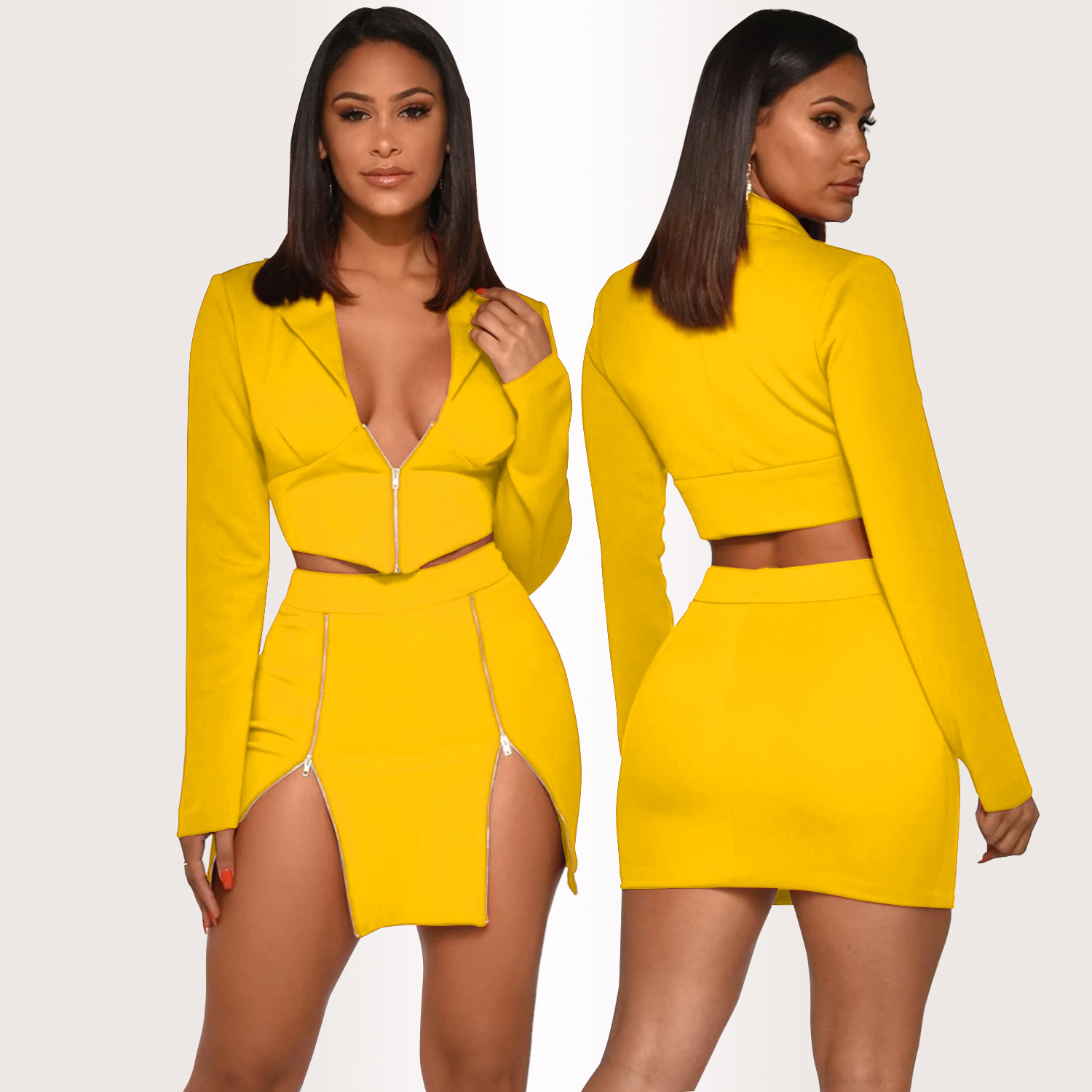 zipper solid color v neck suit collar long sleeve slim top and skirt set NSFYZ118532