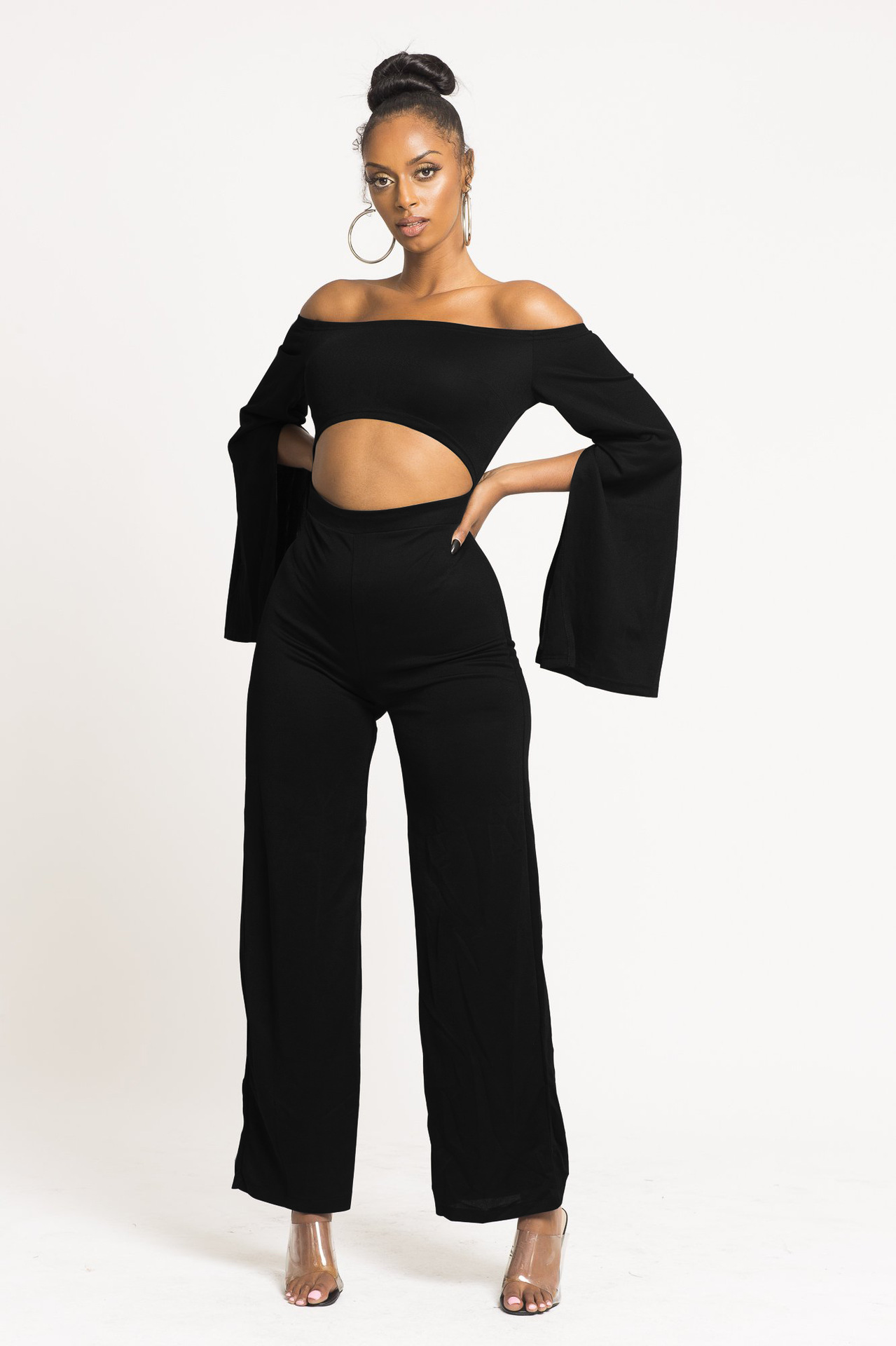 Boutique Casual Solid Color Long Sleeves Cropped off Shoulder Jumpsuit