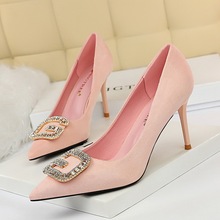 963-2 Korean fashion sexy banquet women's shoes with fine heels, suede surface, shallow mouth, pointed high heels and metal water drill buckle single shoes