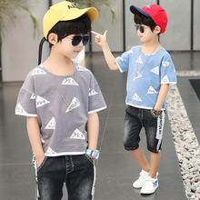 Quần áo trẻ em 2019 Mùa hè cho bé trai mới Hàn Quốc Áo thun ngắn tay hình tam giác thể thao Bình thường Big Boy Sinh viên hàng đầu Áo len