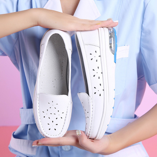  Nurse Shoes for Women, Soft Sole, Summer, Breathable, Casual, Flat Design, Comfortable—2019 New Arrival, Summer Style, Hollowed-Out Cowhide in White