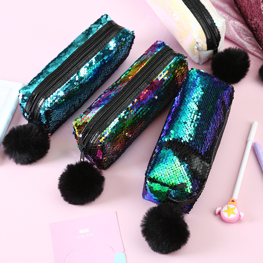 Fashion New Fur Ball Sequins Cosmetic Pencil Case Mermaid Storage Bag display picture 4