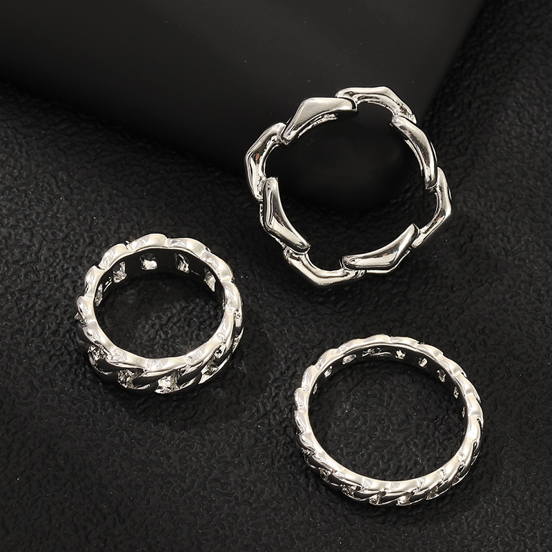 New Retro Punk Style Ring Silver Thick Chain Ring 3 Piece Set display picture 3