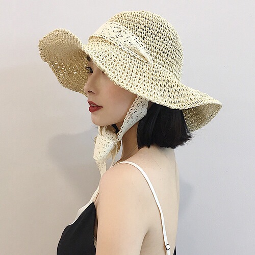 Foldable handmade straw hat with large brim and Beach Hat