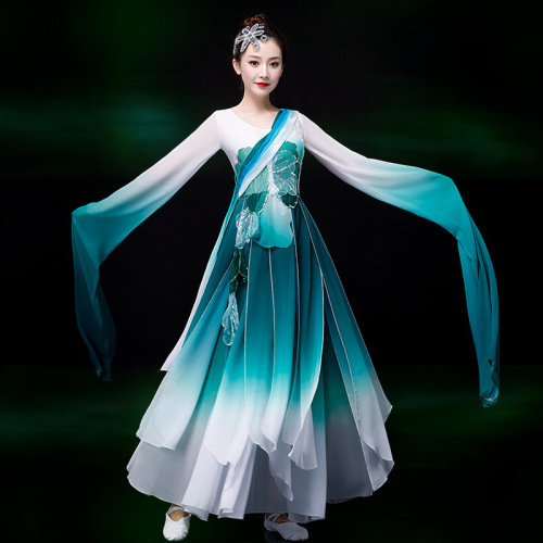 Women chinese folk classical Water sleeve dance dress red blue hanfu fairy princess dance dress ancient chinese traditional fan umbrella stage performance dresses