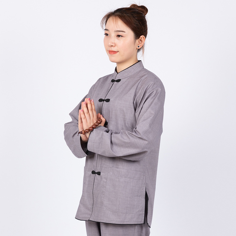 女款立领黑边居士禅修服套装盘扣布扣夏季深灰居士服女-阿里巴巴
