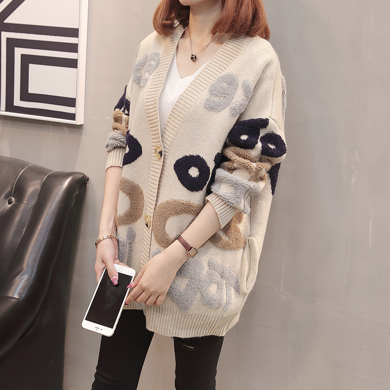 Cárdigan de punto informal con estampado de letras y manga larga 2025, estilo coreano, holgado, para embarazadas, otoño, nuevo suéter con bloques de color, chaqueta para mujer image 5